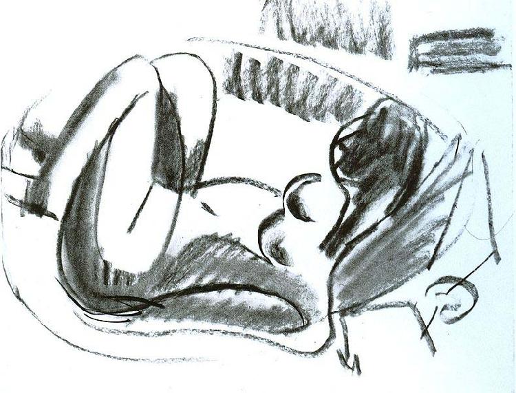 Ernst Ludwig Kirchner Reclining nude in a bathtub with pulled on legs - black chalk Sweden oil painting art